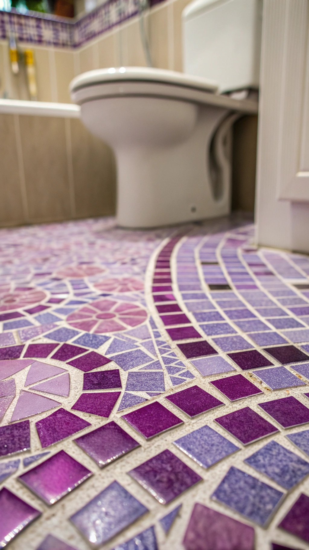 Close-up of purple mosaic tiles on a bathroom floor