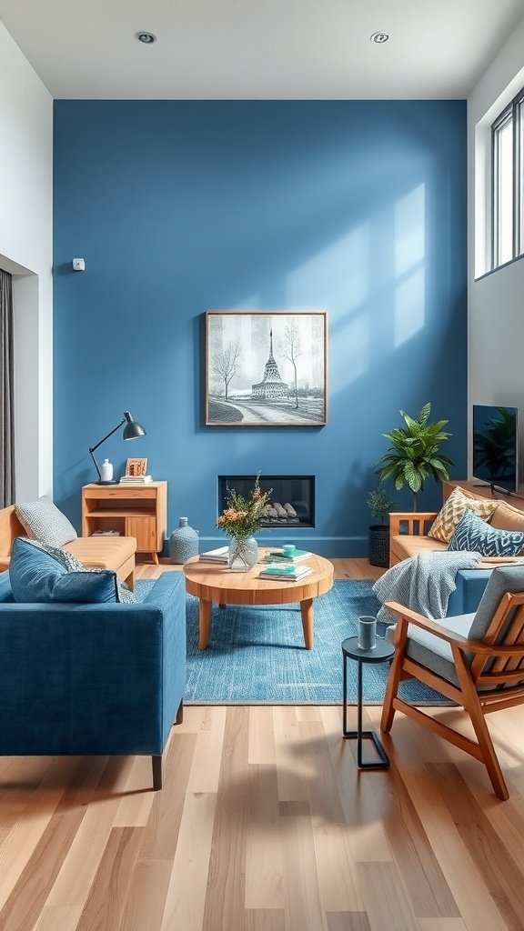 Cozy living room featuring blue walls, natural wood furniture, and stylish decor.