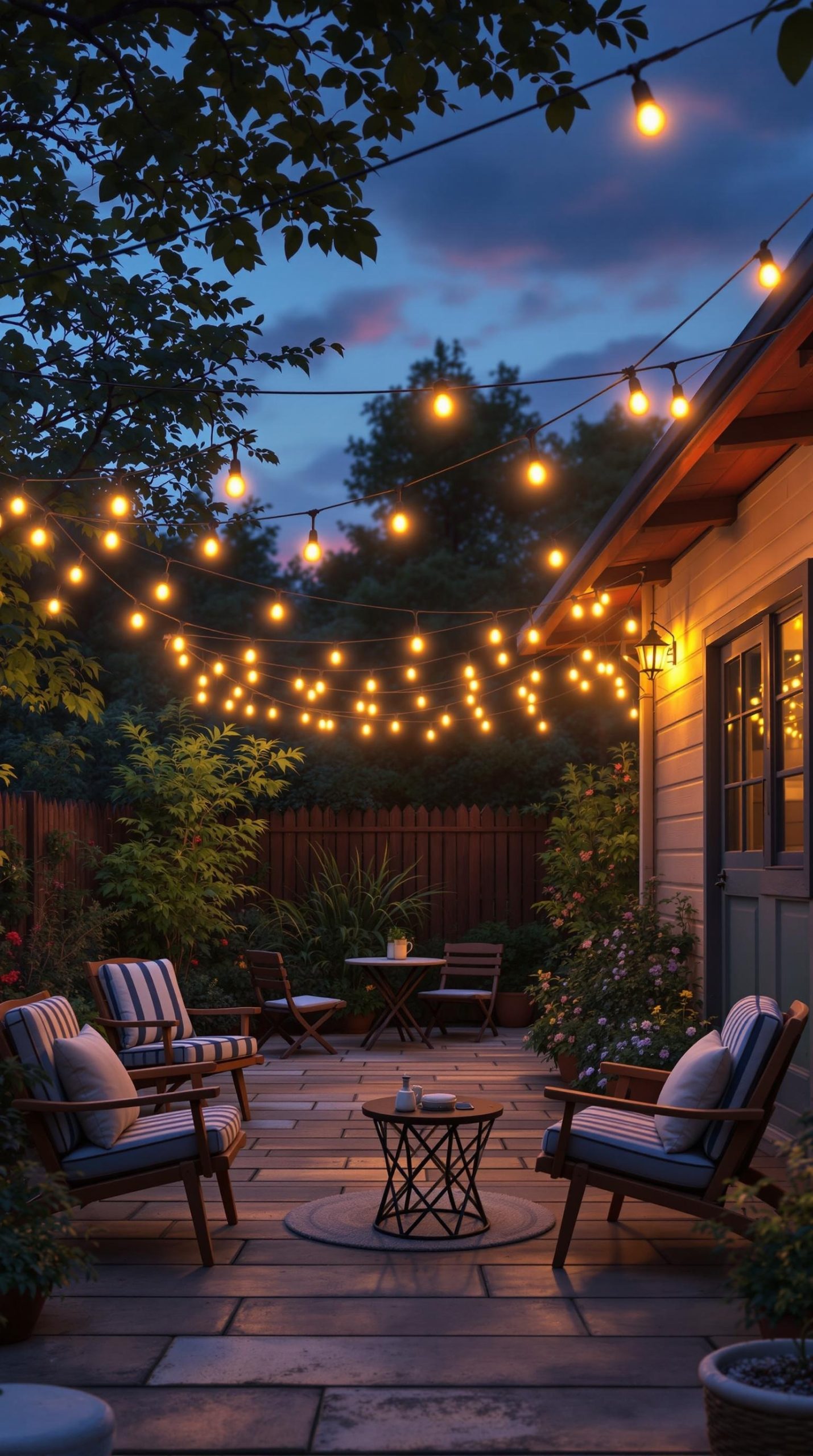 A cozy patio with string lights overhead, featuring comfortable seating and a small table.
