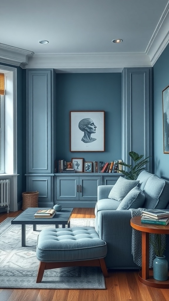 A cozy blue-themed book nook with a sofa, coffee table, and bookshelves.
