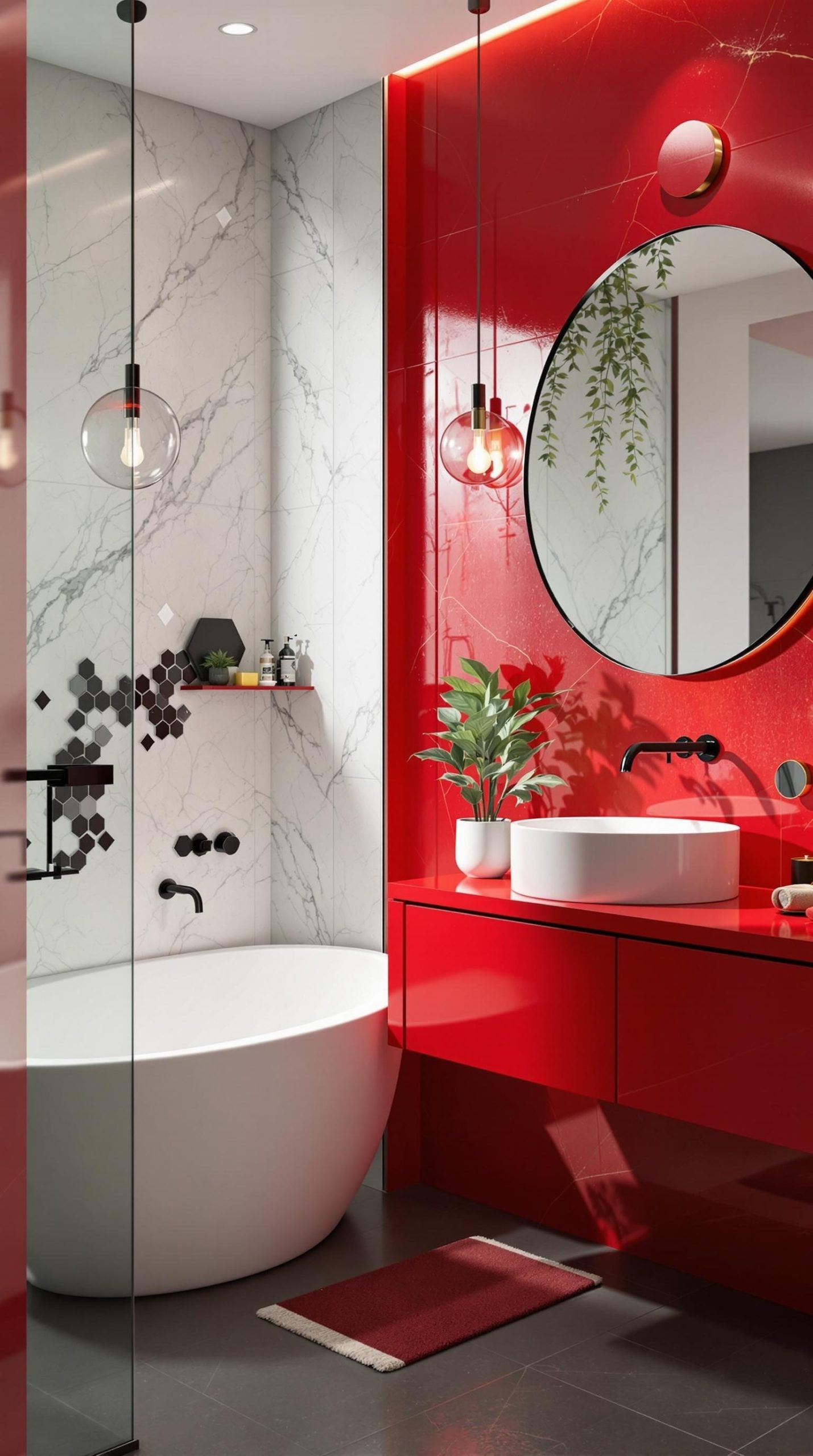 A modern bathroom featuring red walls, white marble accents, and a round mirror, complemented by black fixtures and a potted plant.