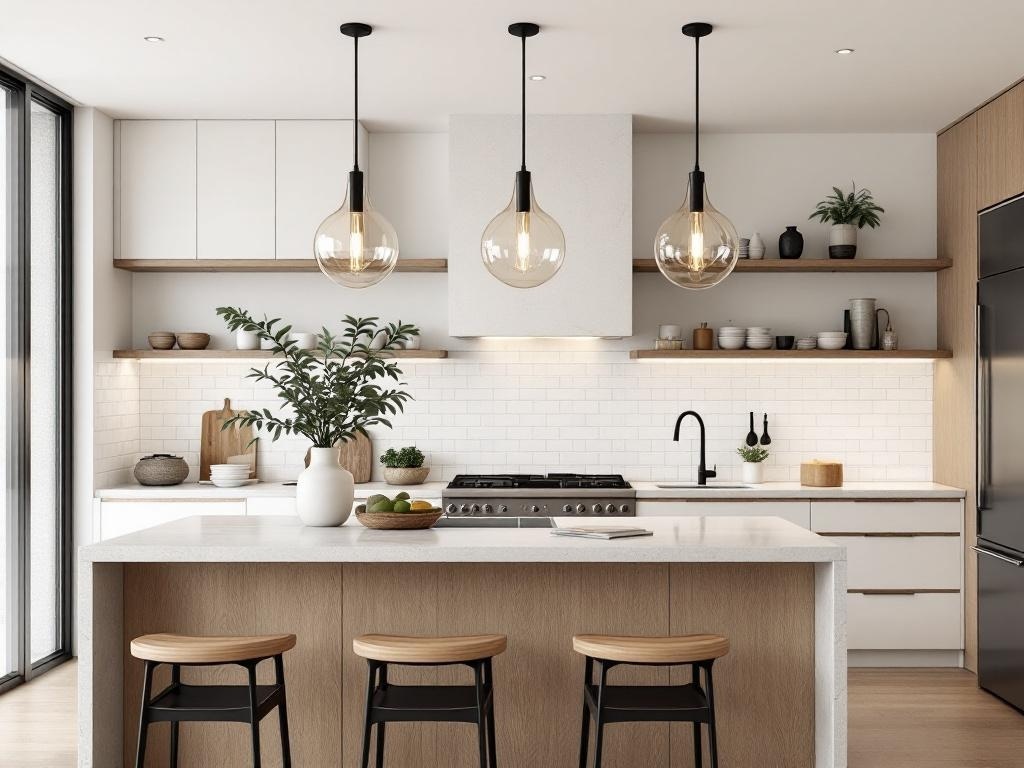 Modern kitchen with three pendant lights above a kitchen island, showcasing a Japandi aesthetic.