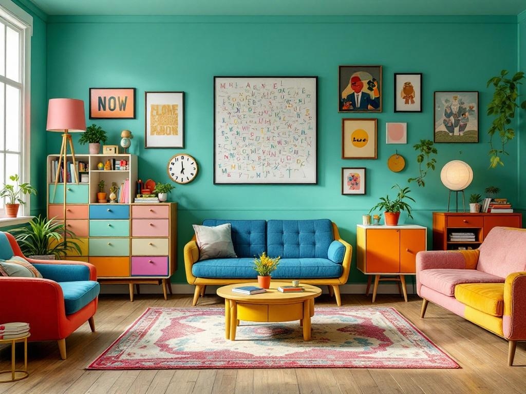 A colorful living room featuring turquoise walls, mixed patterns, and a gallery wall.