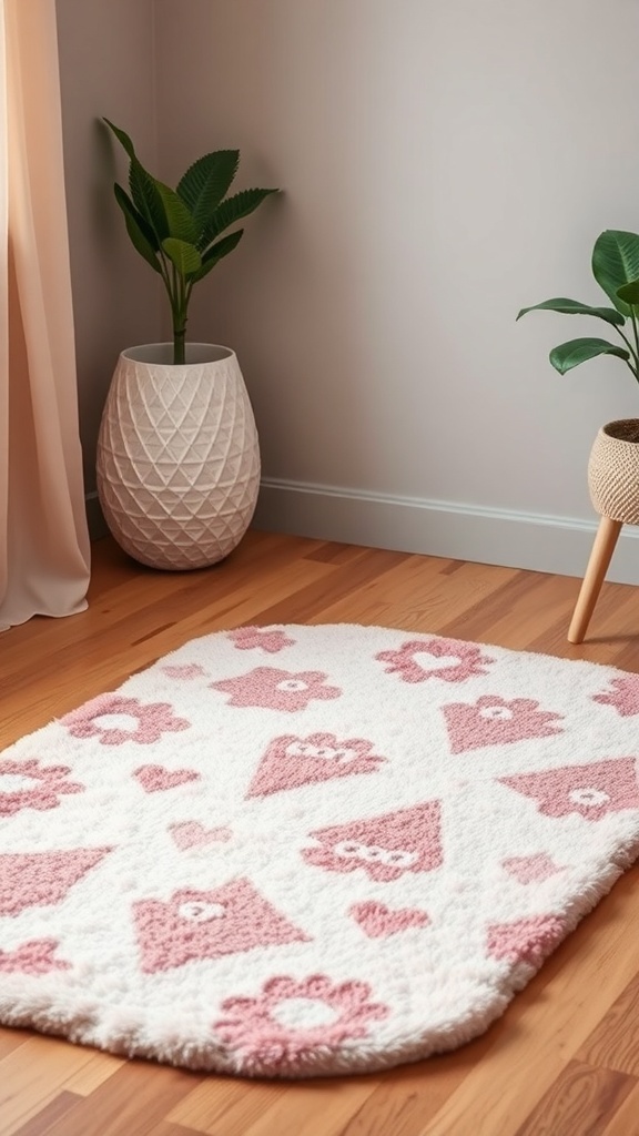 A fluffy rug with pink heart and flower patterns on a wooden floor, surrounded by plants.