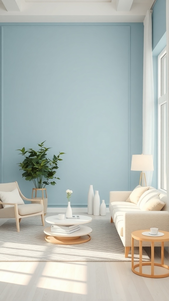 A cozy living room featuring a blue wall and beige furniture, with a plant and a round coffee table.