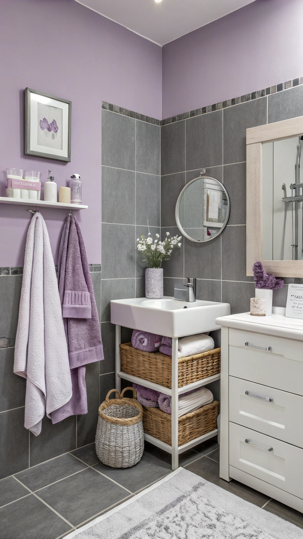 A bathroom featuring lavender walls and gray tiles, with towels and decorative items.