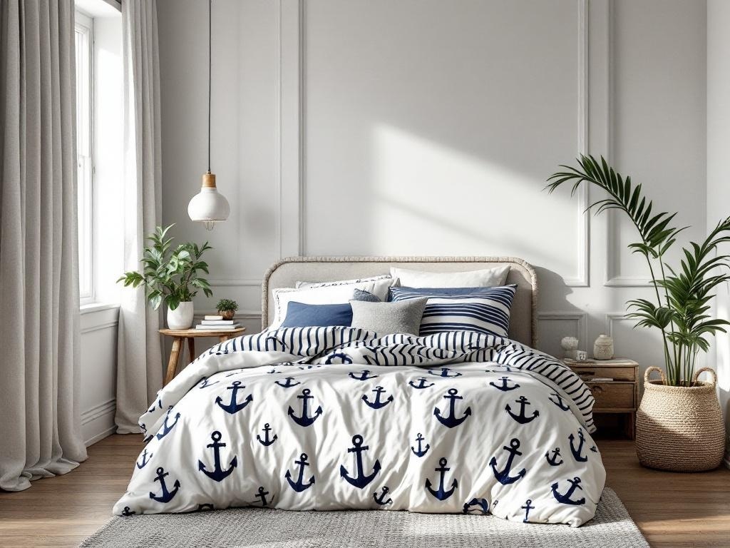 A cozy bedroom featuring nautical-inspired bedding with anchor patterns and striped pillows.