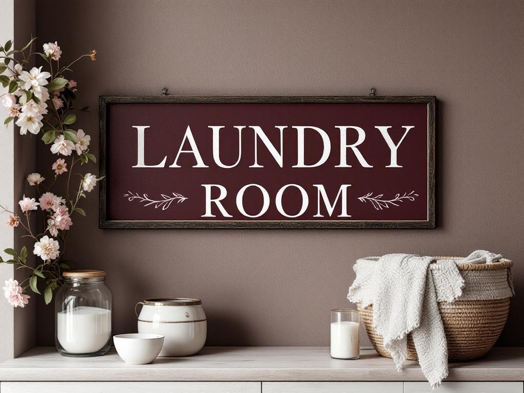 A burgundy laundry room sign with white lettering and floral accents.