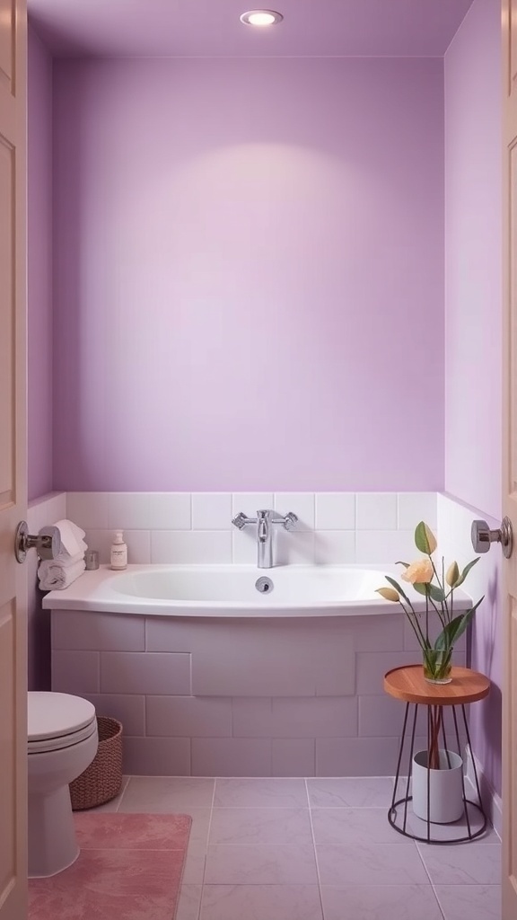 Bathroom with dusty purple walls, white tiles, and a potted plant