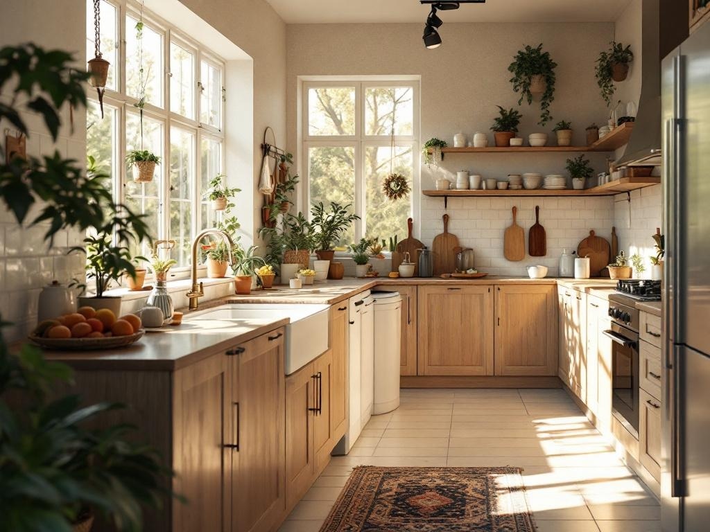 A bright kitchen with large windows, wooden cabinets, and plants, showcasing a Japandi aesthetic.
