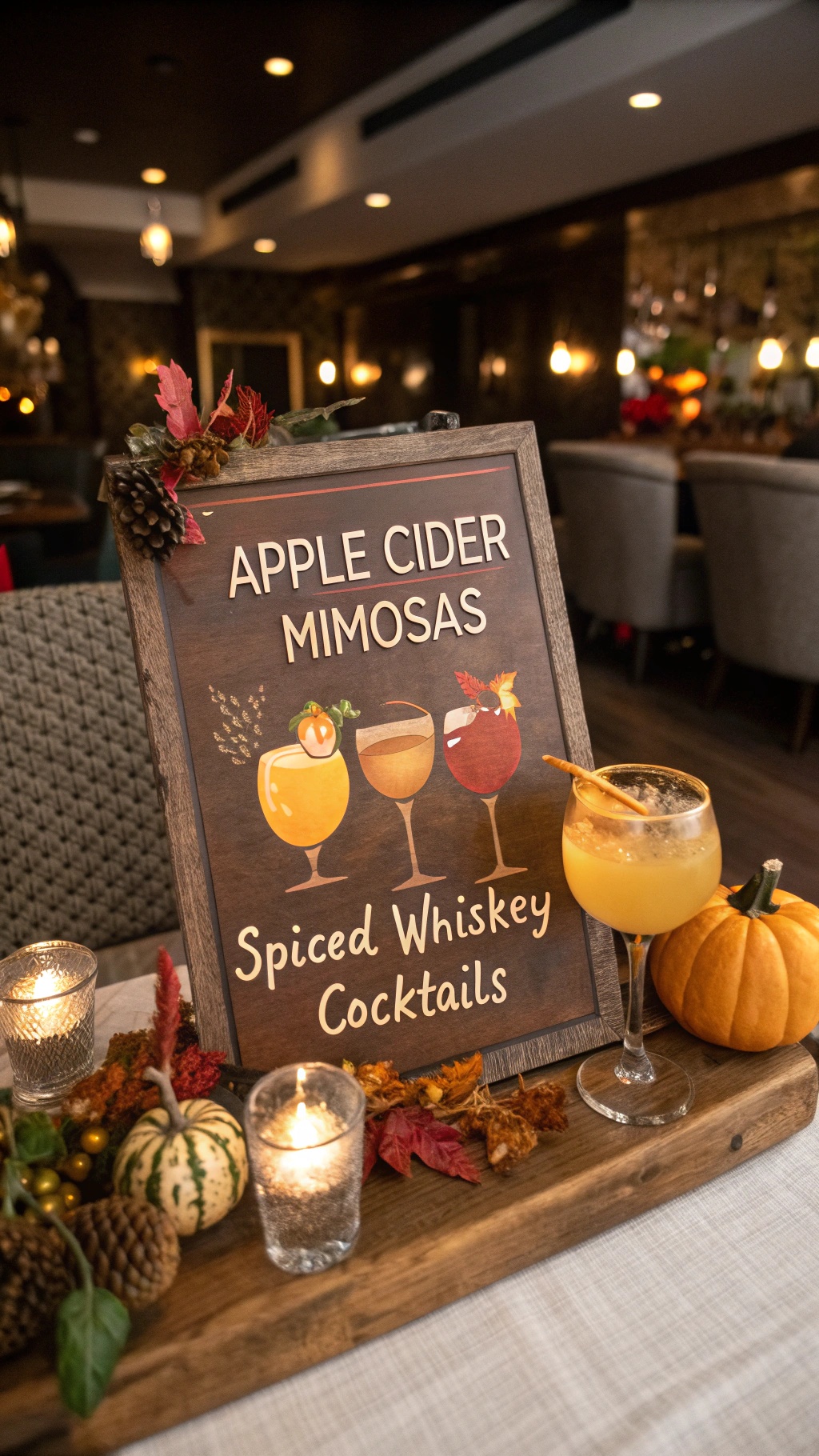 A sign displaying seasonal cocktails including apple cider mimosas and spiced whiskey drinks, surrounded by fall decorations.