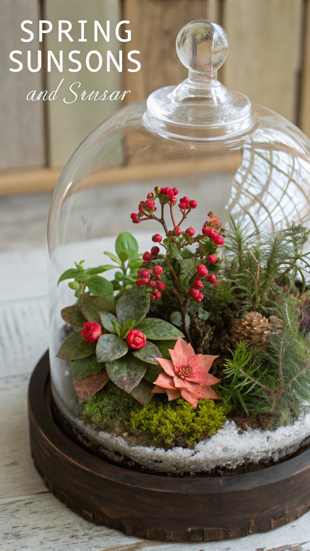 A spring-themed terrarium featuring colorful plants and decorative elements.