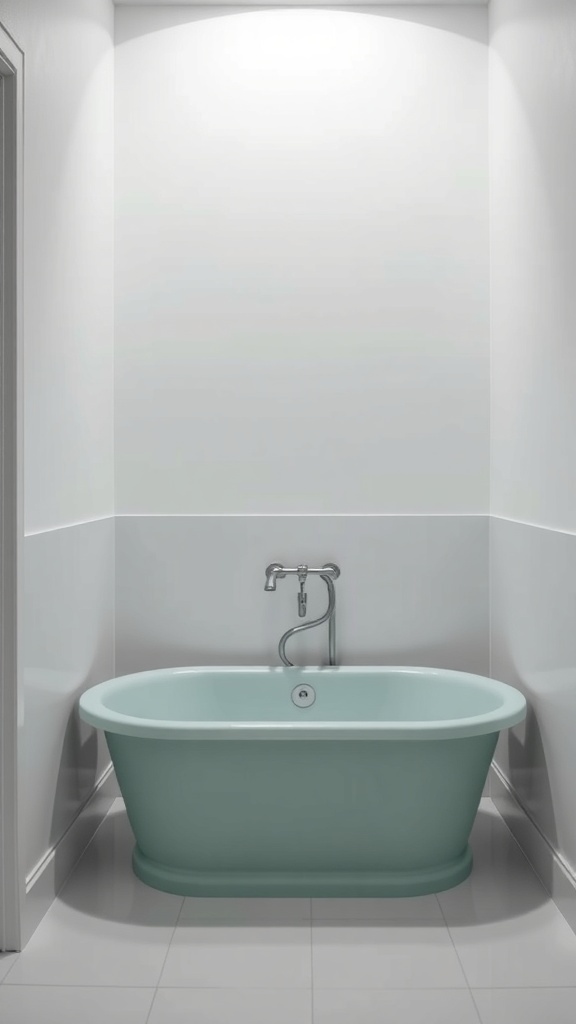 A seafoam green bathtub in a modern bathroom with white walls