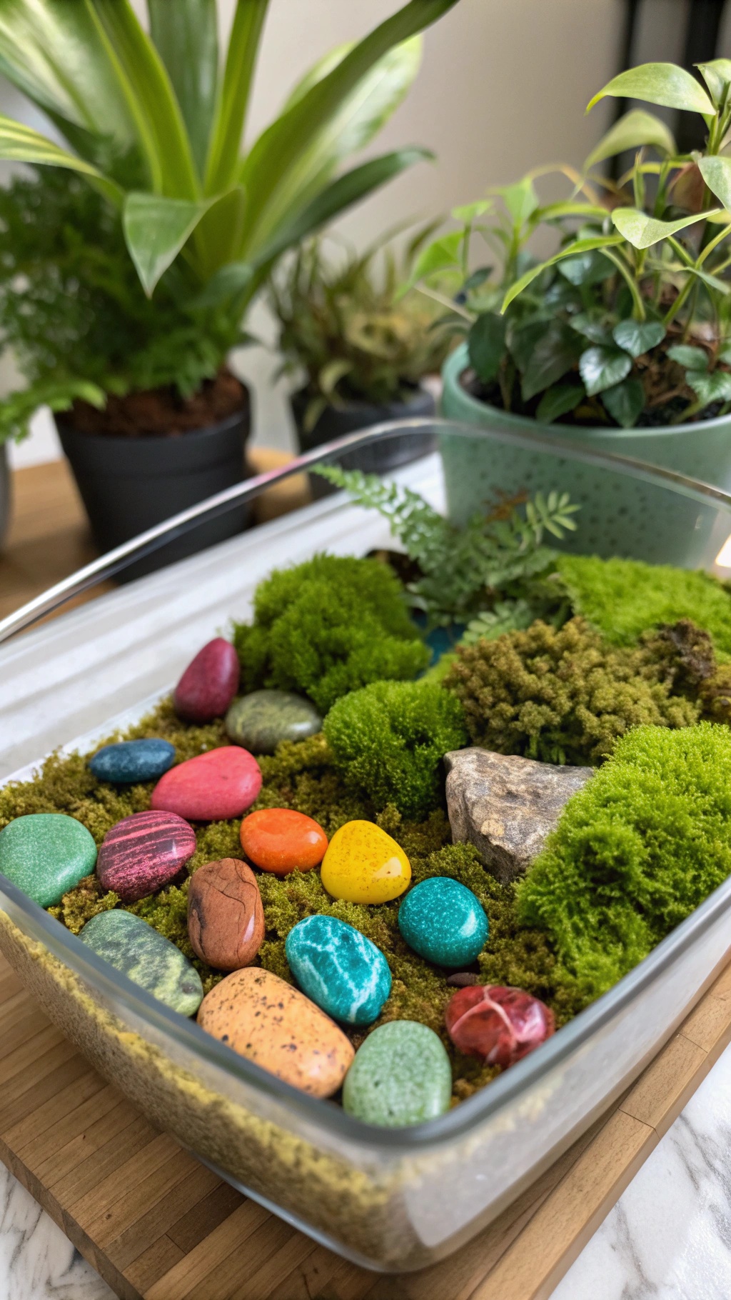 A vibrant garden terrarium featuring green moss and colorful decorative stones.