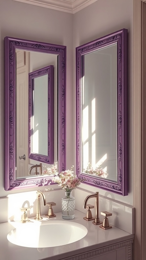 Two lavender framed mirrors in a bathroom with a floral arrangement on the sink