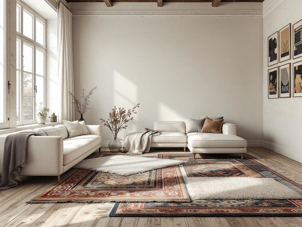 A cozy living room featuring layered rugs, a light sofa, and gallery wall art.