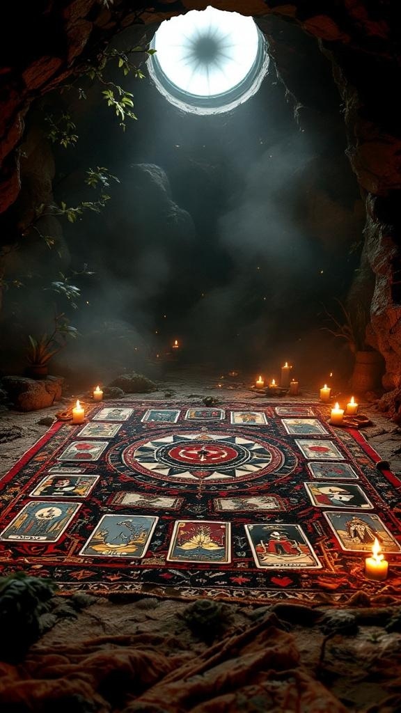 A witch den featuring a tarot card rug and candles, creating a mystical atmosphere.