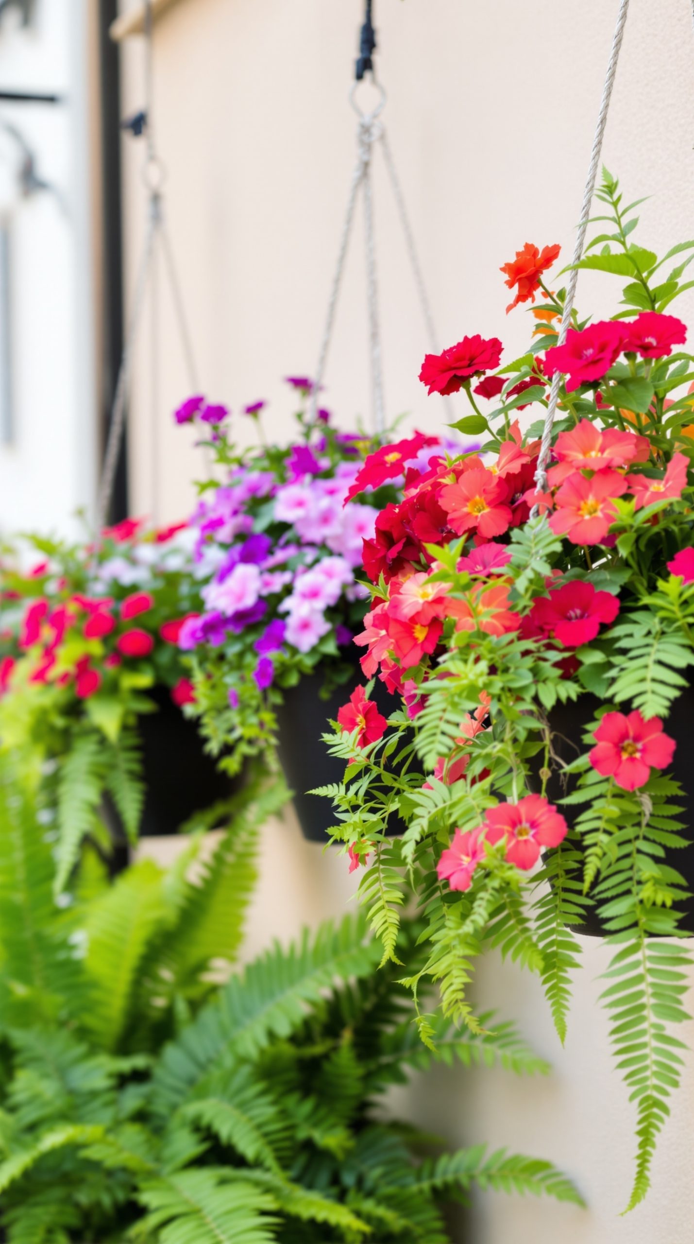 Colorful hanging planters with flowers and ferns