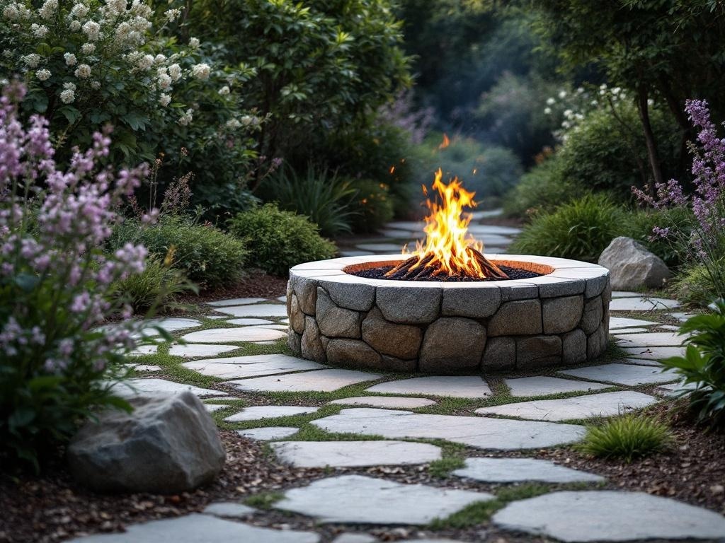 A rustic stone firepit surrounded by a garden path and flowers.
