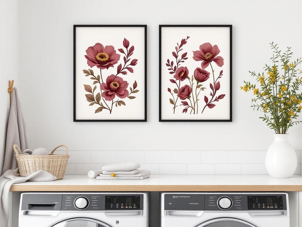 Decorative wall art featuring floral prints in a moody burgundy laundry room