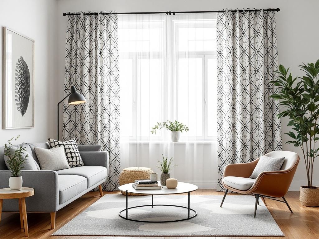A modern living room with geometric print curtains, a gray sofa, a brown chair, and a round coffee table.