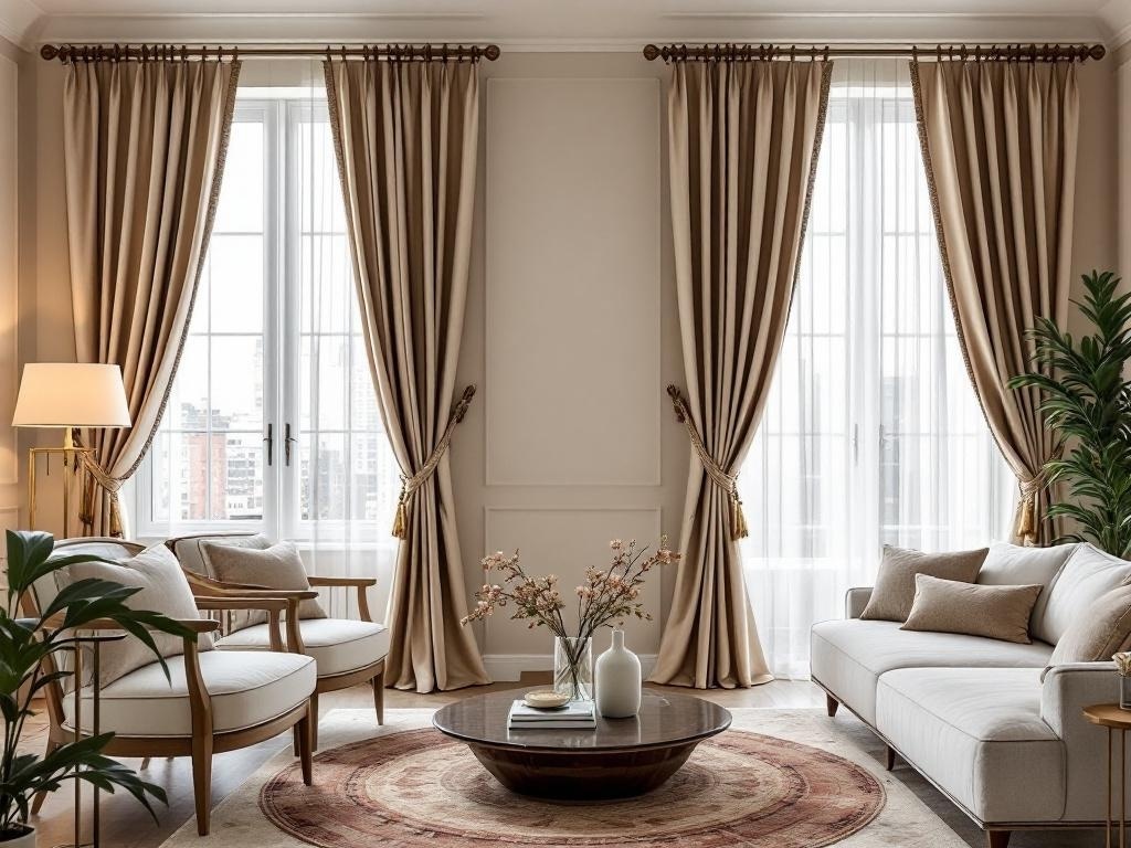 Living room with elegant curtains and stylish tie-backs