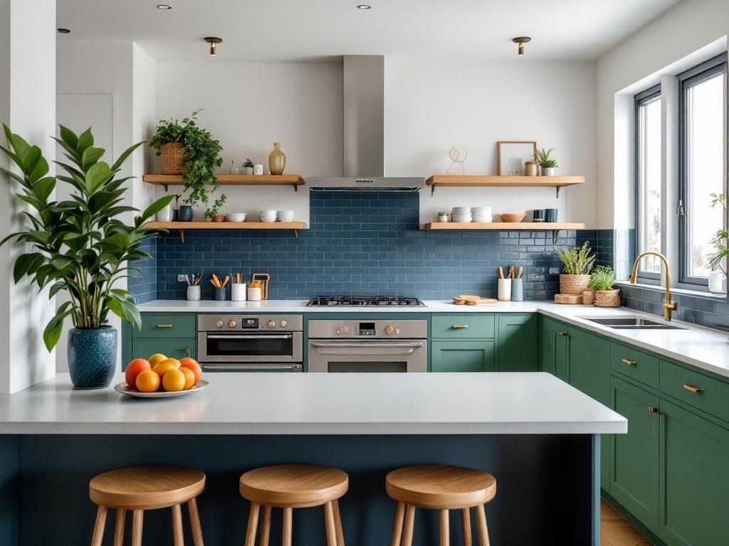 A modern kitchen featuring bold green cabinets and blue tiles, with wooden stools and plants.