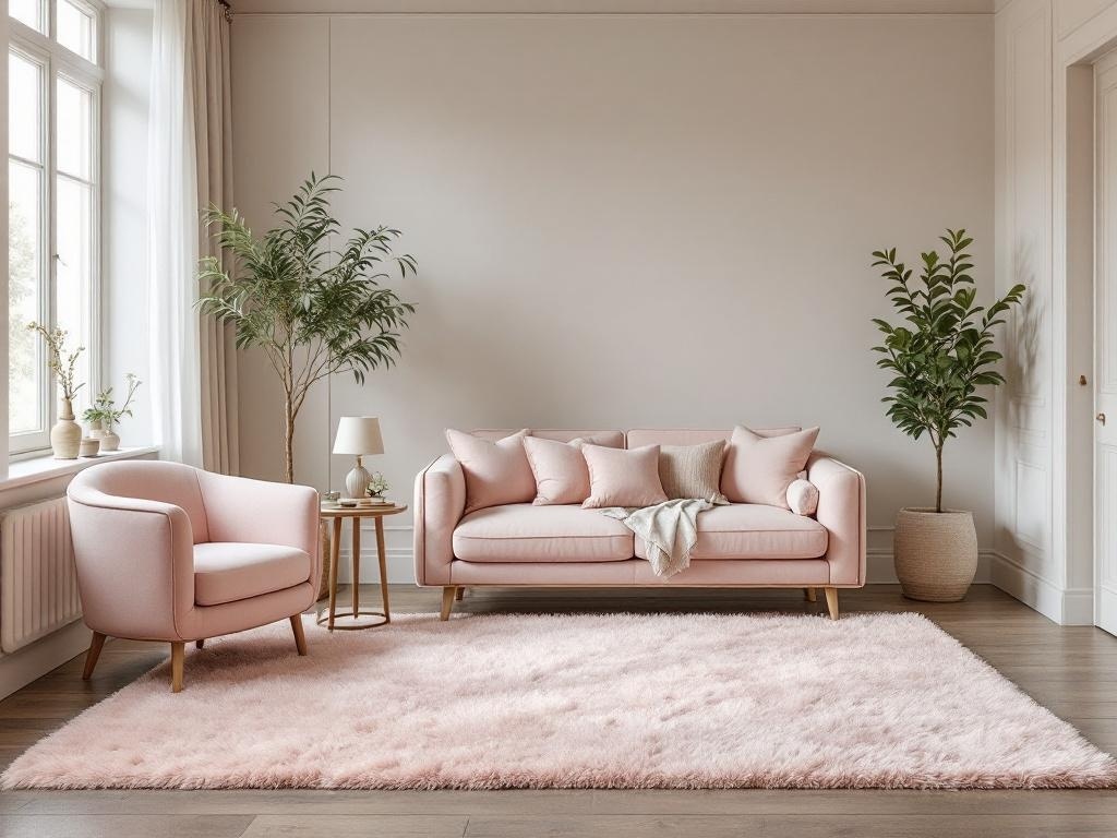 A stylish light pink area rug in a cozy living room setting with pink furniture and plants.