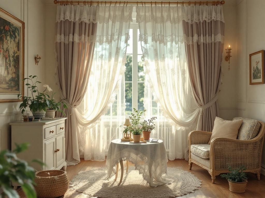A cozy living room featuring vintage lace curtains, soft lighting, and natural decor.