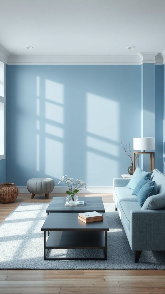 A tranquil blue living room with soft blue walls, a light blue sofa, and natural light streaming through the windows.