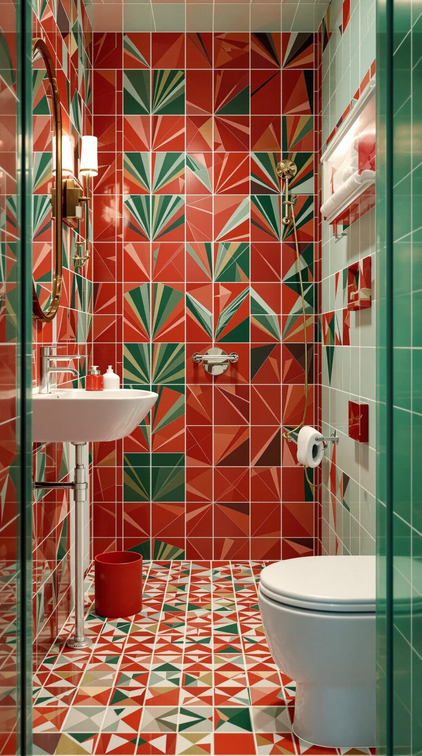 A vibrant bathroom featuring bold red and green geometric tile patterns on the walls and floor.