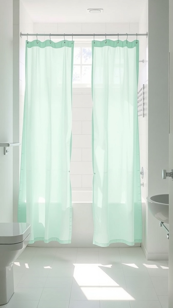 Mint green shower curtains in a bright bathroom