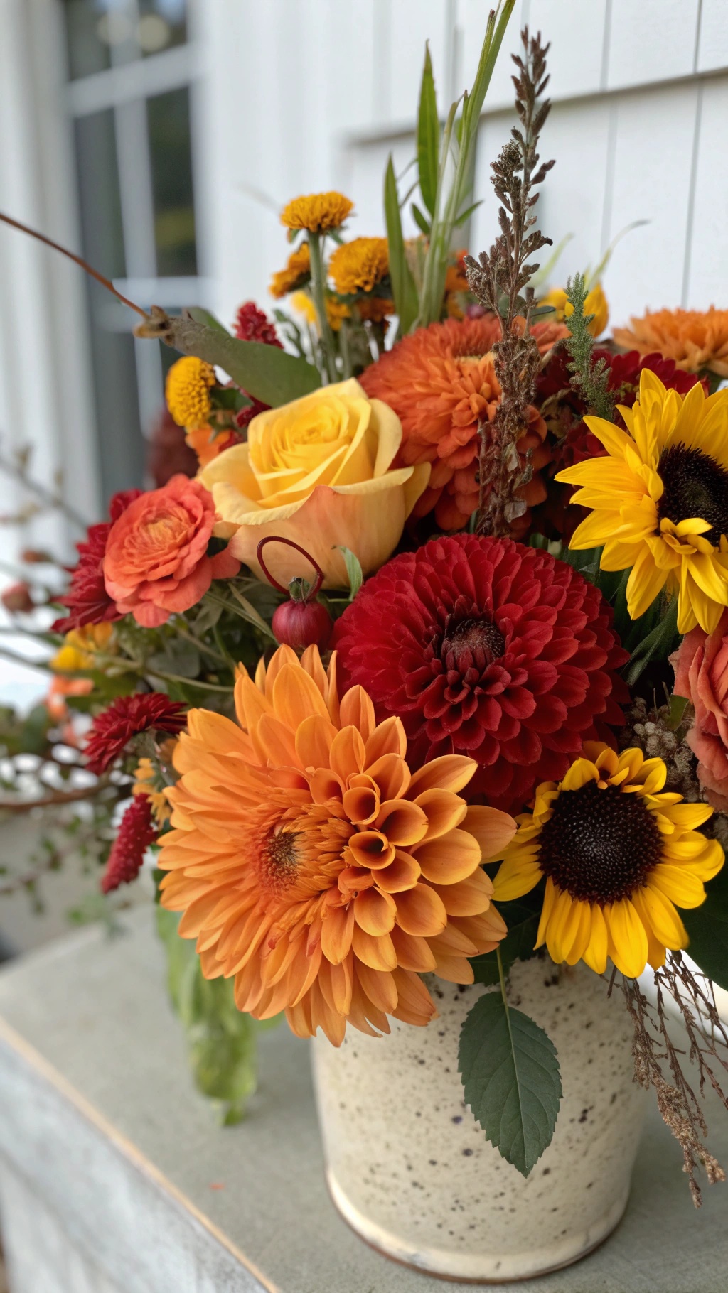 A vibrant fall floral arrangement featuring orange, red, and yellow flowers.