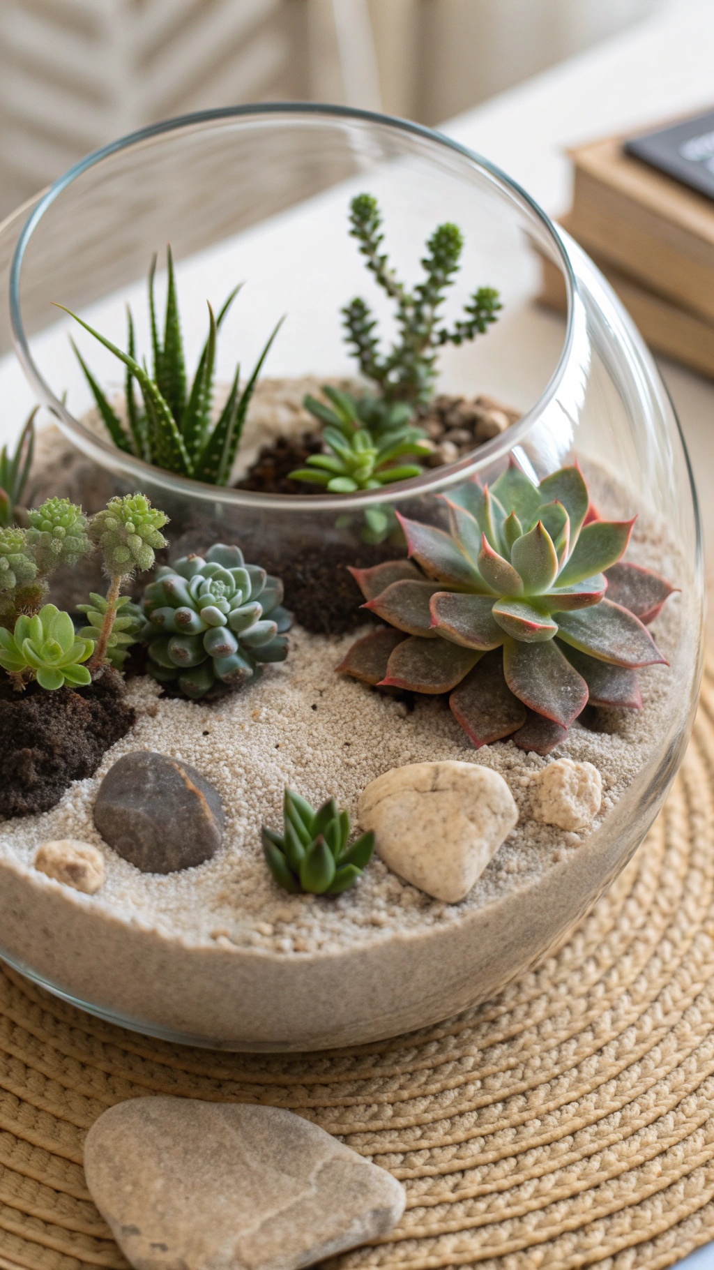 A glass terrarium filled with various succulents, sand, and small rocks.