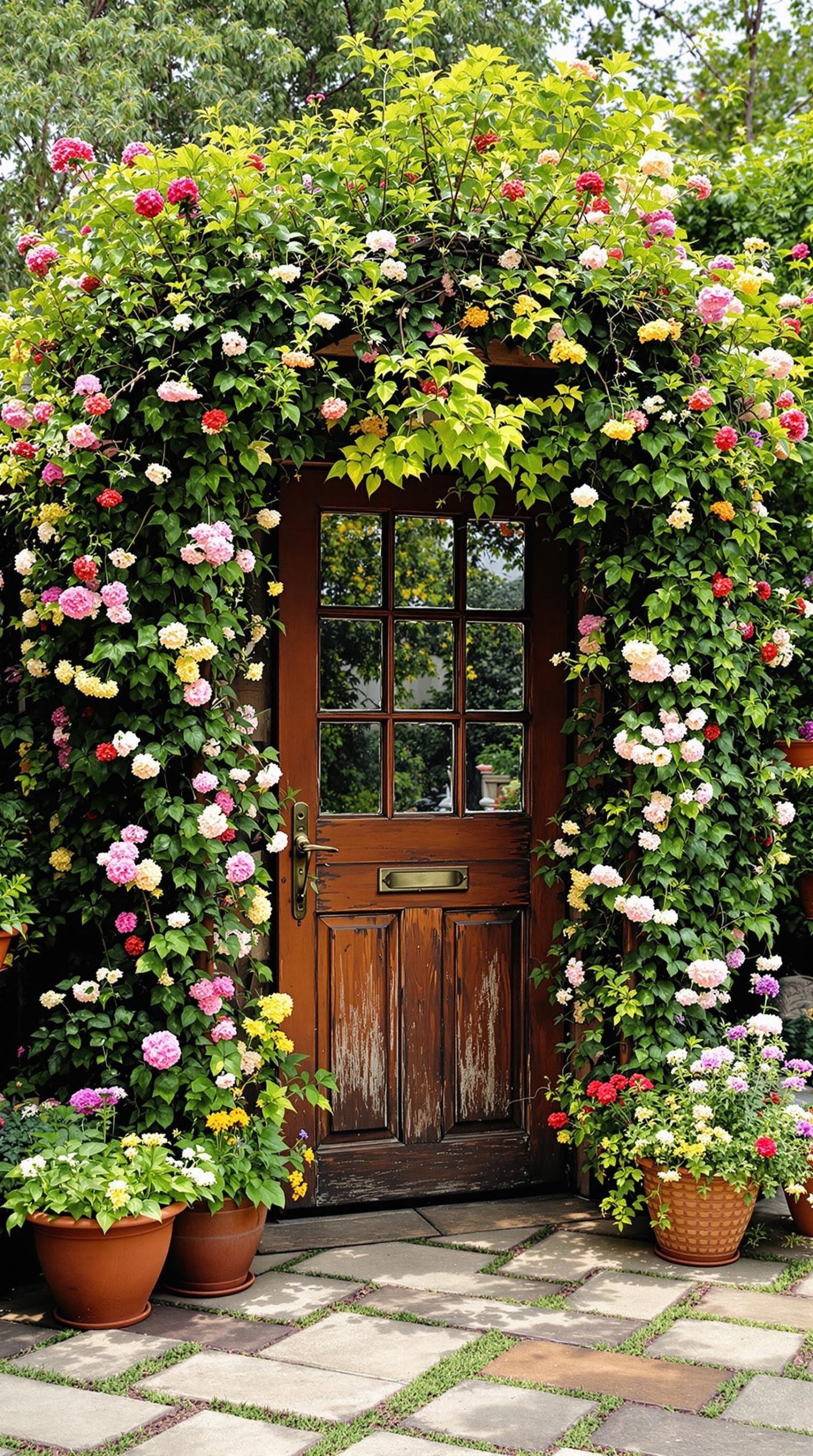 A wooden door surrounded by colorful flowers and greenery, creating a charming garden trellis.