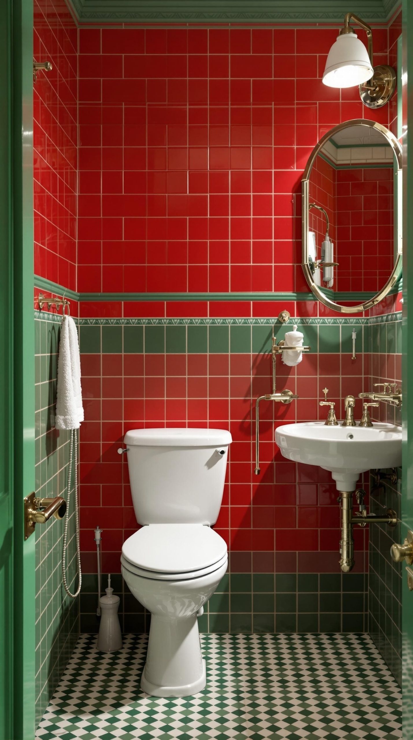 A bathroom featuring a classic red and green color scheme with red tiled walls and light green walls.