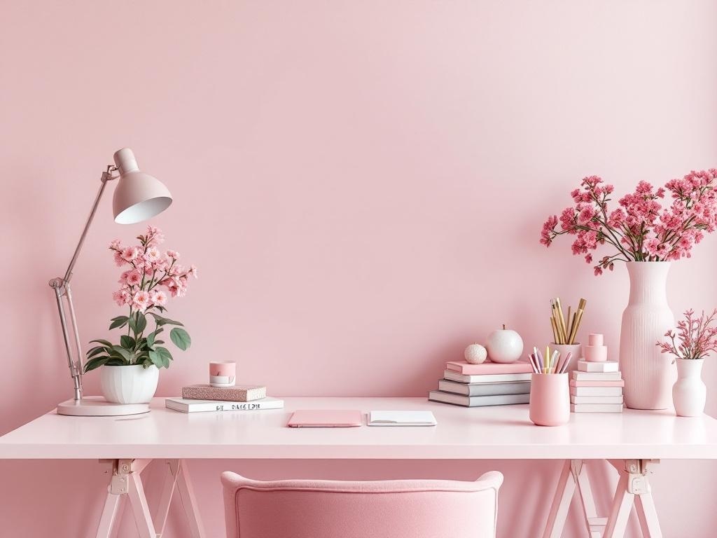 A stylish desk space featuring a white desk, pink flowers, and pastel decor against a light pink wall.