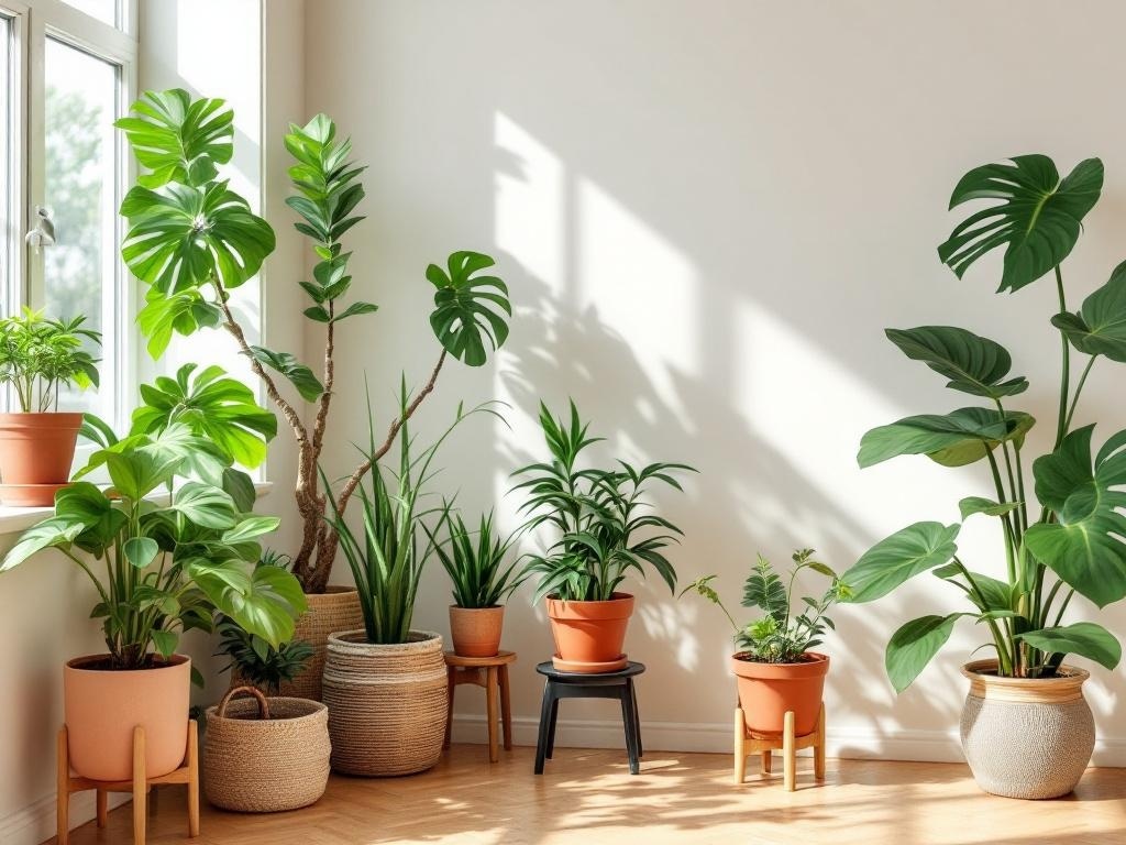 A bright room filled with various indoor plants in pots, showcasing a lively and fresh atmosphere.