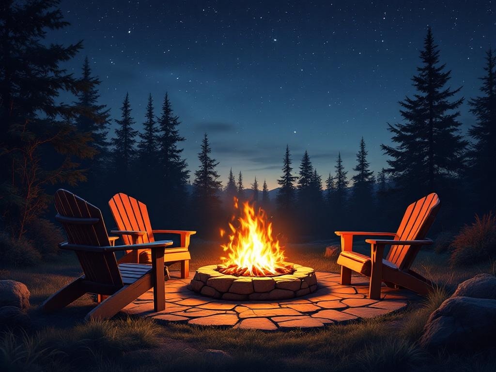 Cozy firepit with Adirondack chairs and blankets in a serene outdoor setting