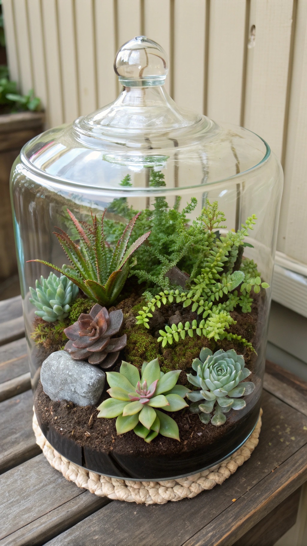 A beautiful terrarium featuring various succulents and ferns in a glass container.