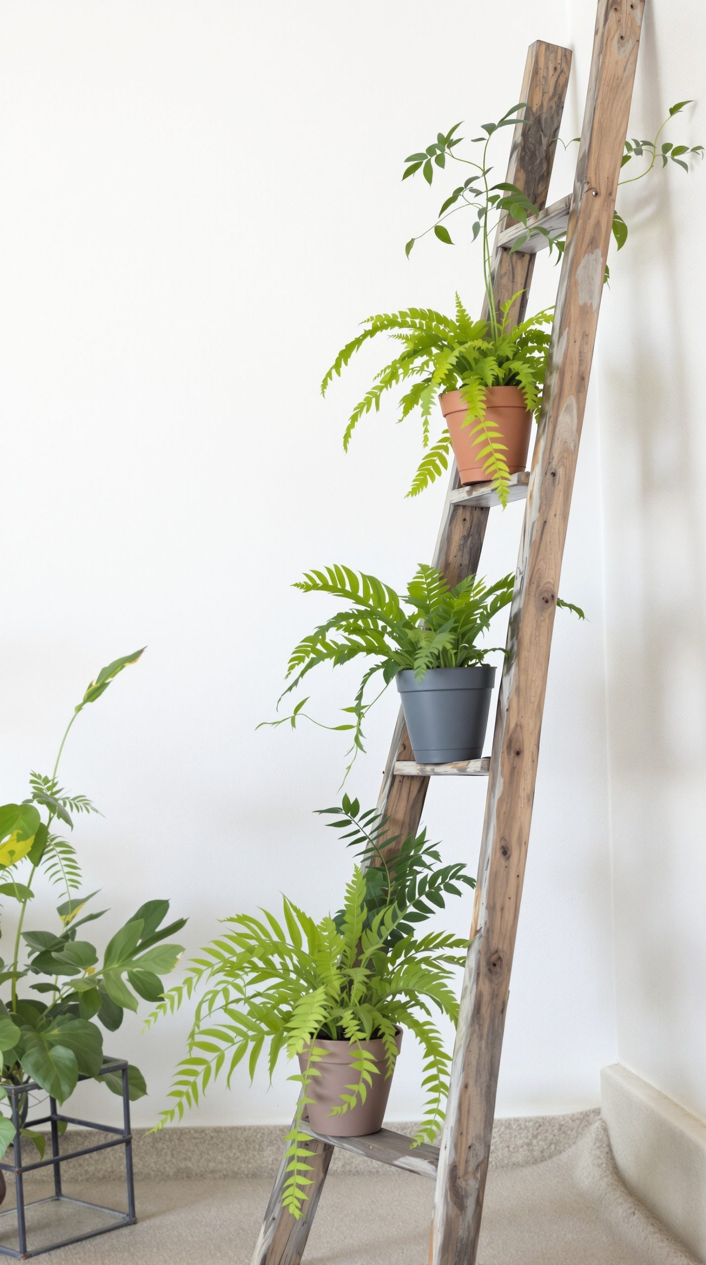 A rustic wooden ladder with potted ferns arranged on it, showcasing greenery in a stylish way.