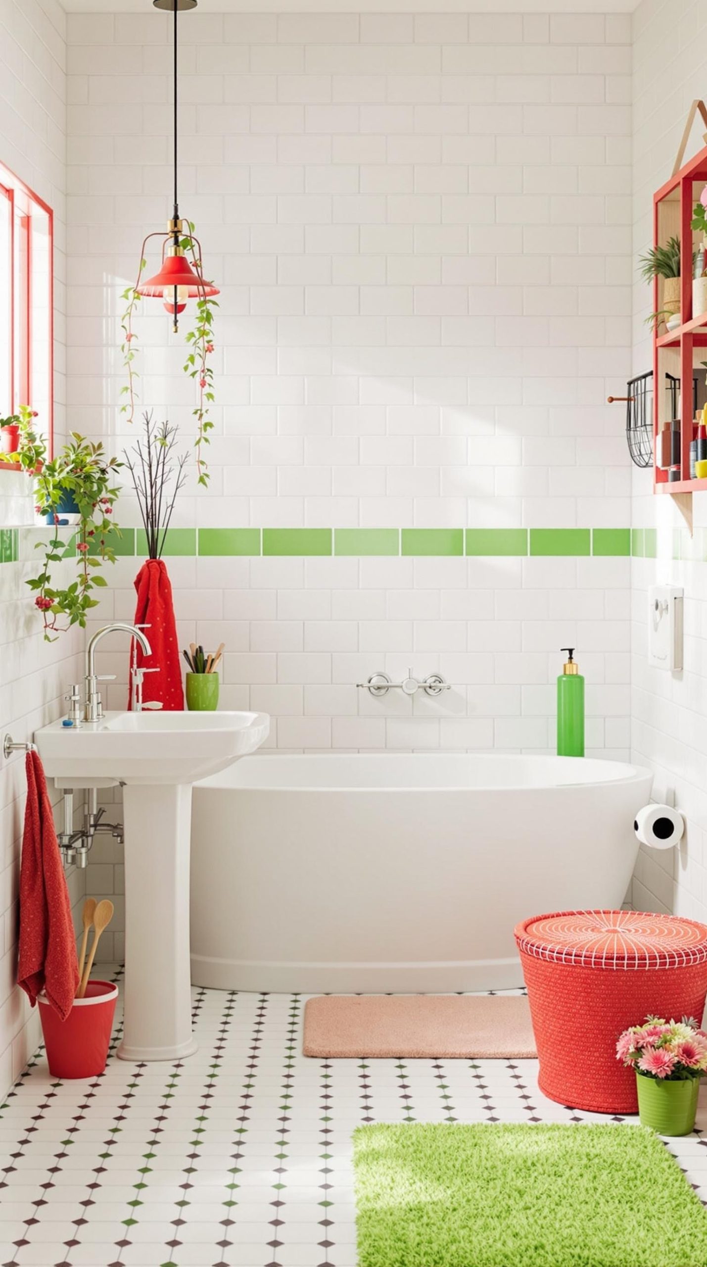 A bright bathroom featuring red and green accents with white tiles.