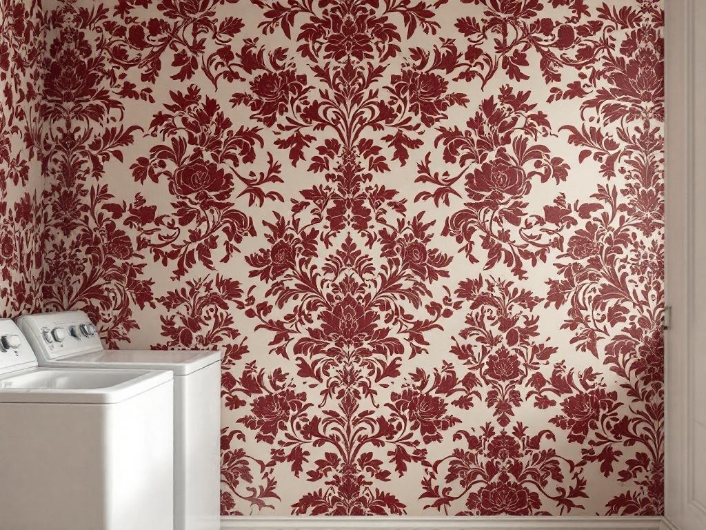 Burgundy floral wallpaper in a laundry room with white washing machines