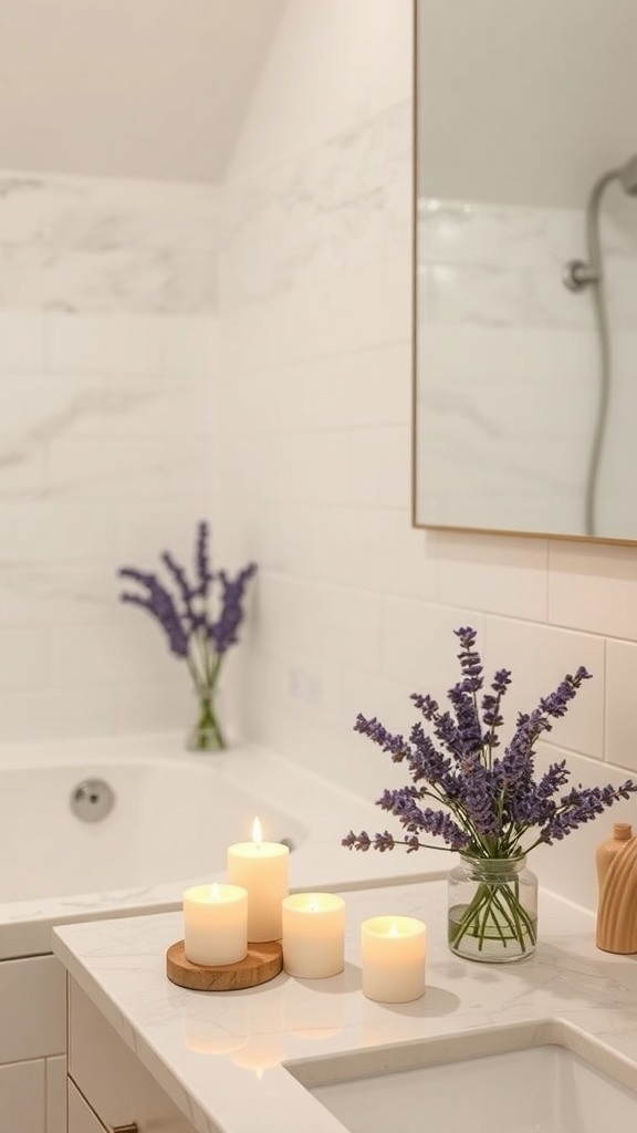 A bathroom with lavender scented candles and fresh lavender flowers on a marble countertop.