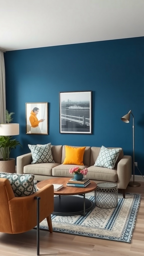 Cozy living room with a blue accent wall, beige sofa, orange chair, and decorative pillows.