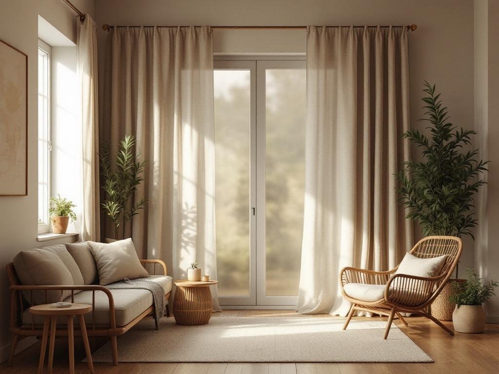 A cozy living room with natural fabric curtains, a comfortable sofa, and plants.