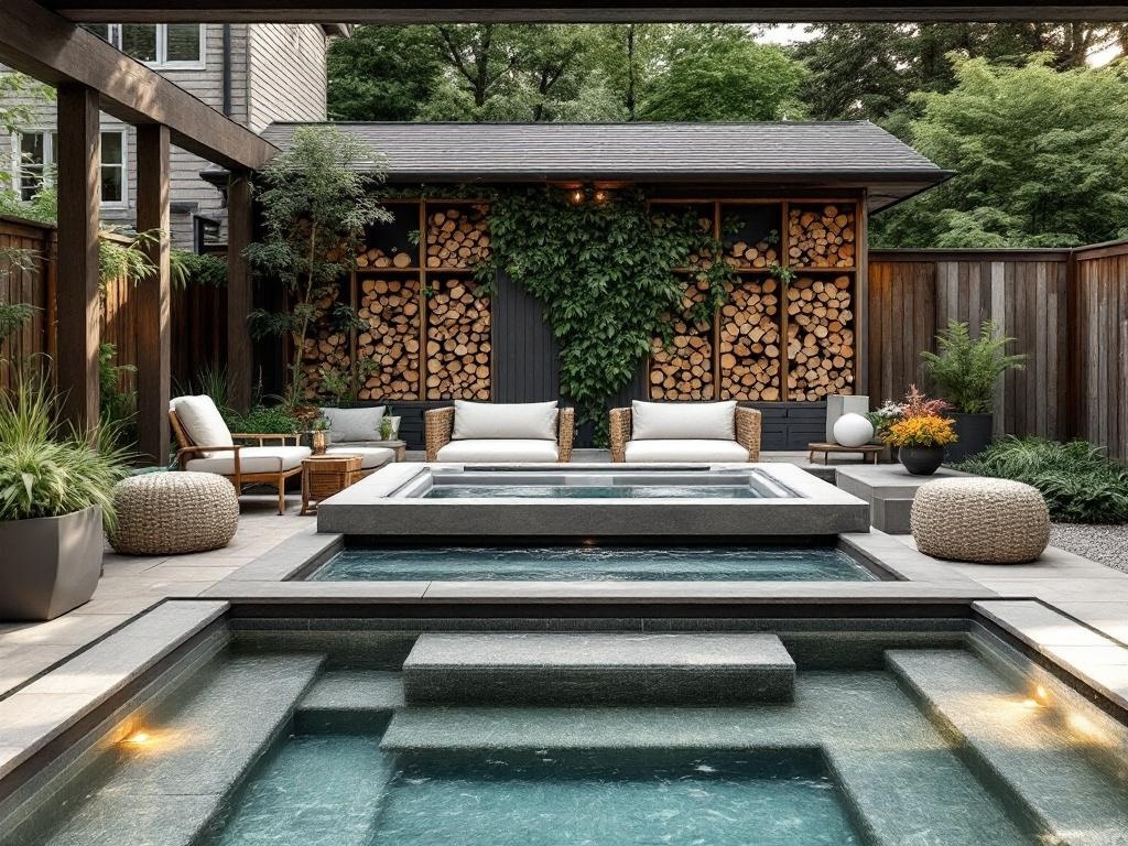 A beautiful backyard featuring a jacuzzi spa and neatly arranged firewood storage.