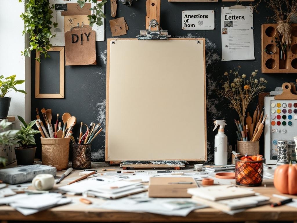 A DIY art workspace with a blank canvas, art supplies, and plants.