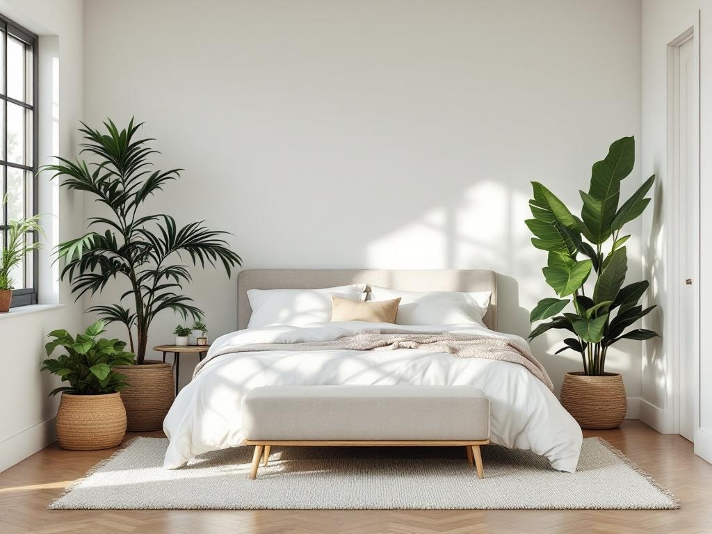 A bright coastal bedroom featuring tropical plants beside the bed.