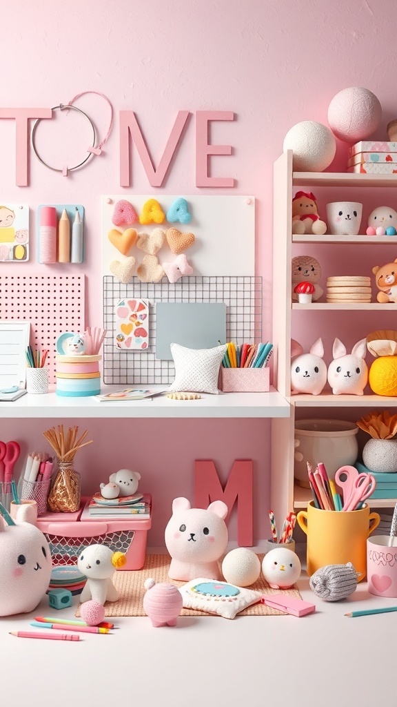 A pastel-themed craft workspace filled with plushies, colorful supplies, and organized shelves.